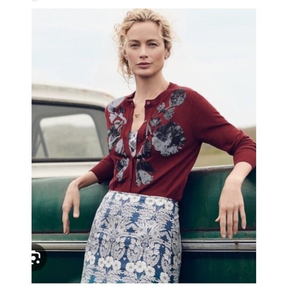 NWOT J. Crew Sequin Floral Embroidered Jackie Cardigan Small Red Unique Elegant - Picture 1 of 11